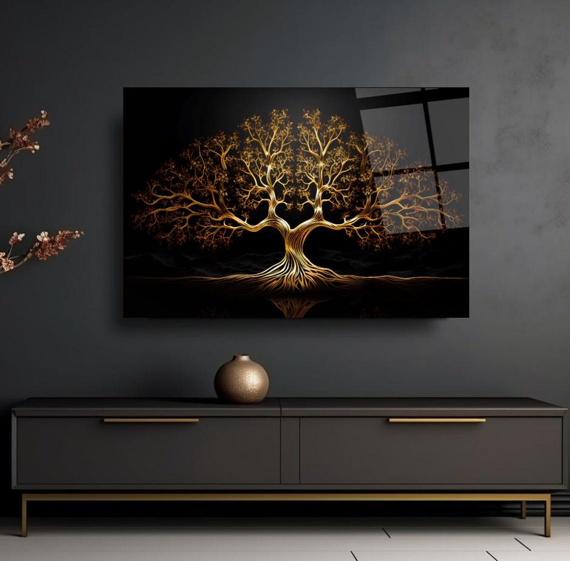 Golden Tree Of Life On Midnight Black Modern Luxury Glass Poster - Image 3