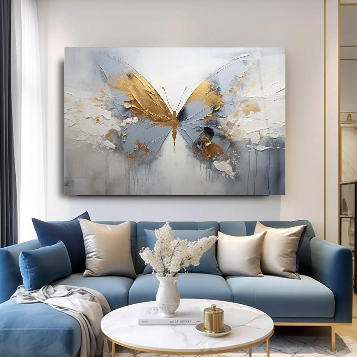 Golden Butterfly Wall Art Tempered Glass Print Abstract Wall Decor Elegant Glass Wall Art For Modern Home And Office