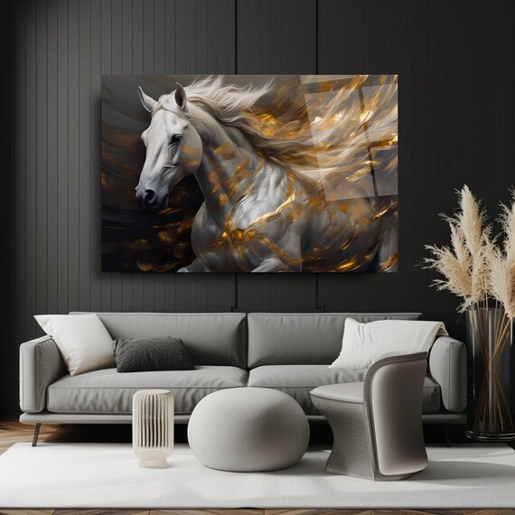 Majestic Horse Tempered Glass Wall Art White Stallion With Gold Accents Modern Glass Print Luxury Wall Decor For Home Or Office