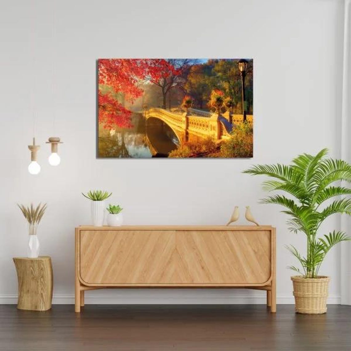 Autumn Stone Bridge With Red Foliage Tempered Glass Park Scene Poster