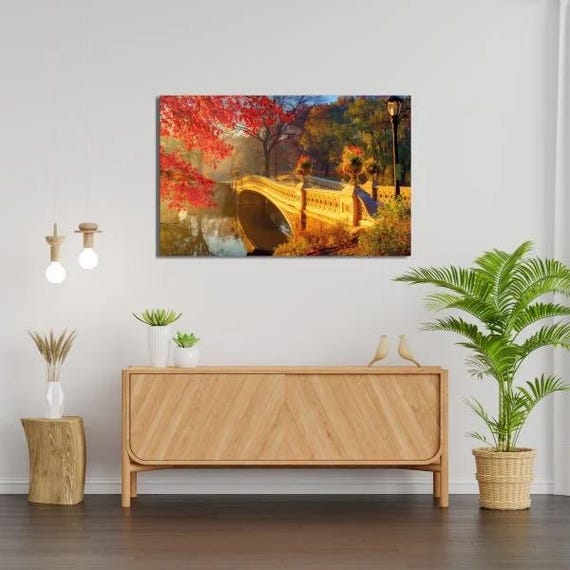 Autumnal Bridge Reflection Tempered Glass Wall Art Picturesque Fall Scenery Vibrant Landscape Home Decor Warm Toned Wall Accent