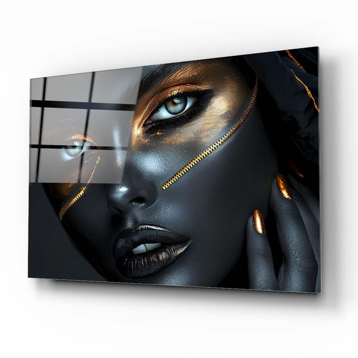 Glamorous Black Gold Woman Portrait Zipper Detail Art Poster - Image 2
