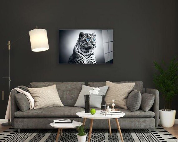 Leopard Portrait With Piercing Blue Eyes Monochrome Wildlife Glass Art Poster
