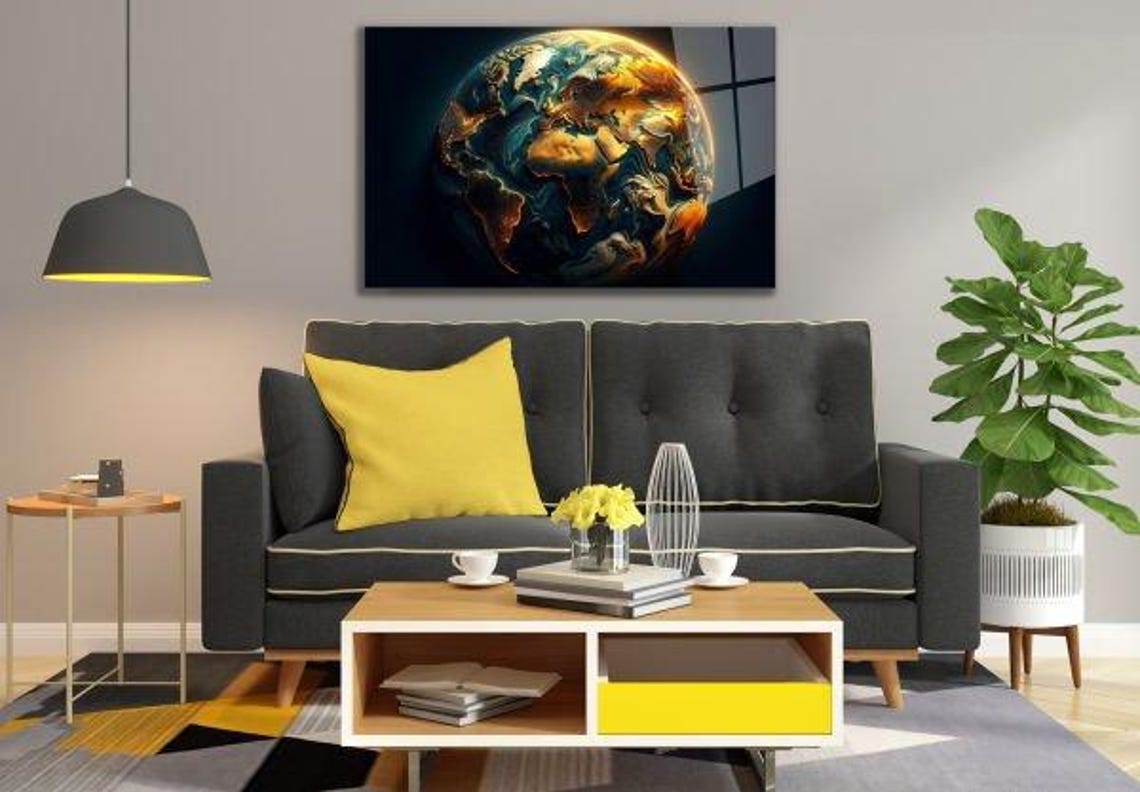Swirling Golden Teal Globe Abstract Earth Tempered Glass Decor Poster