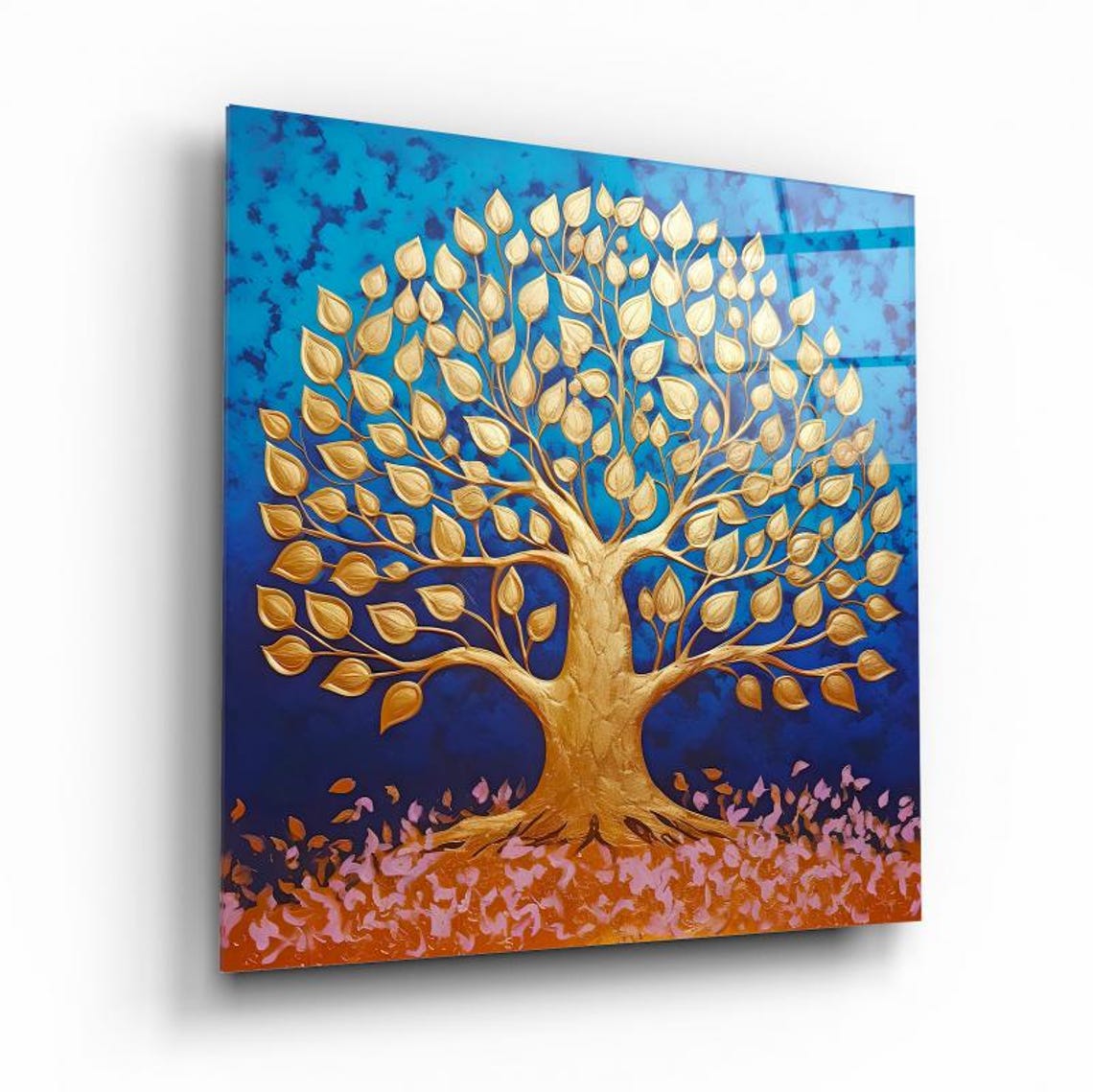 Golden Tree of Life with Shimmering Golden Leaves on Blue Wall Art - Image 2