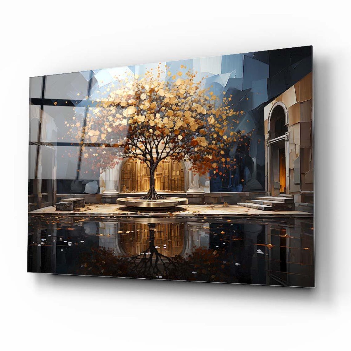 Golden Tree Courtyard Reflection Modern Architectural Art Poster - Image 2