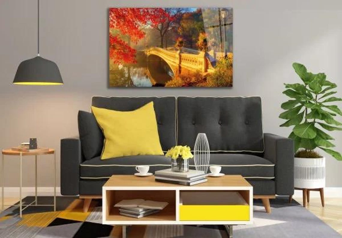 Autumnal Bridge Reflection Tempered Glass Wall Art Picturesque Fall Scenery Vibrant Landscape Home Decor Warm Toned Wall Accent - Image 3