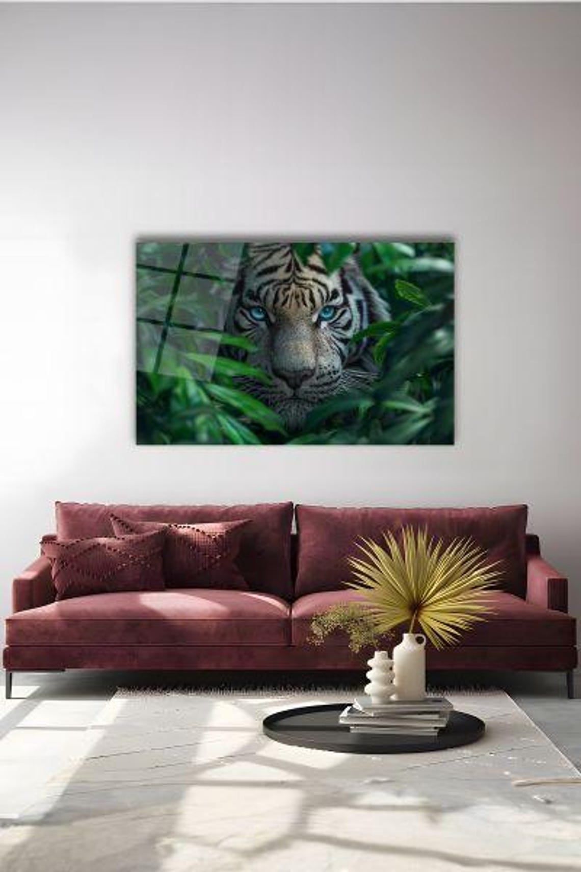 White Tiger With Blue Eyes Peeking Through Jungle Leaves Poster - Image 3