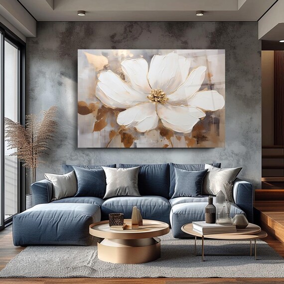 Elegant White Floral Wall Art Tempered Glass Print Modern Flower Wall Decor Luxury Glass Wall Art For Home And Office