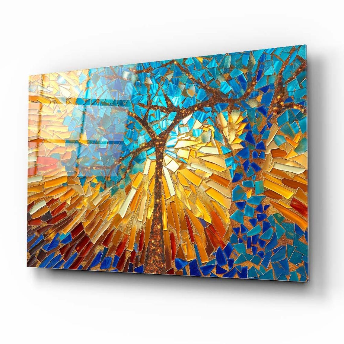 Golden Radiance Tree Wall Art Tempered Glass Print Vibrant Mosaic Wall Decor Elegant Glass Wall Art For Home And Office - Image 3