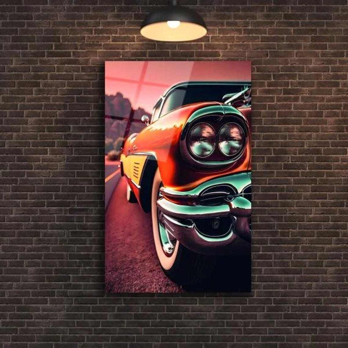 Classic Red Vintage Car Sunset Desert Road Retro Automotive Poster - Image 2