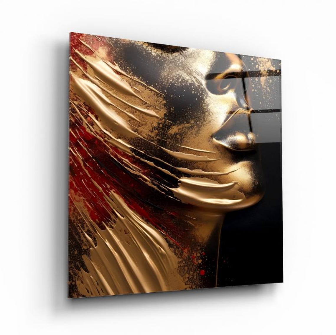 Abstract Golden Woman Face Profile with Crimson Red Paint Wall Art - Image 2