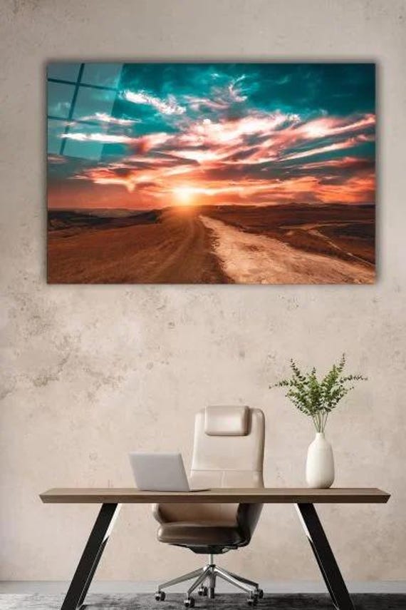 Desert Sunset Journey Tempered Glass Wall Art Dramatic Sky And Road Decor Inspirational Home Accent