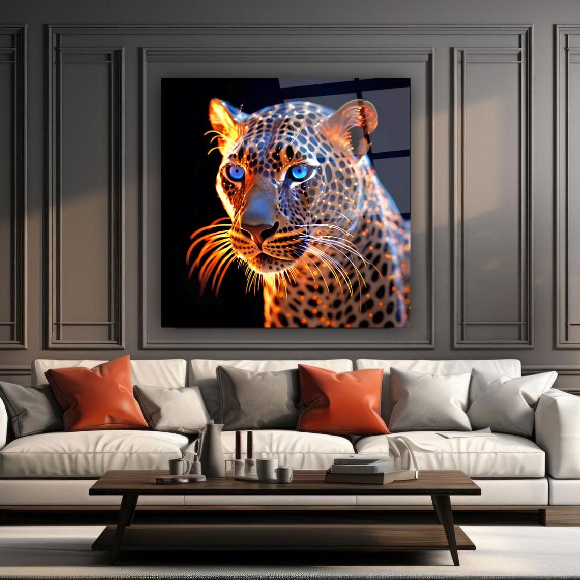Leopard Close Up Portrait With Glowing Blue Eyes Glass Poster