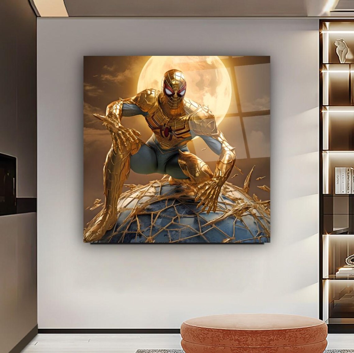 Golden Spider Hero Wall Art Tempered Glass Print Modern Superhero Wall Decor Luxury Glass Wall Art For Home And Office - Image 3
