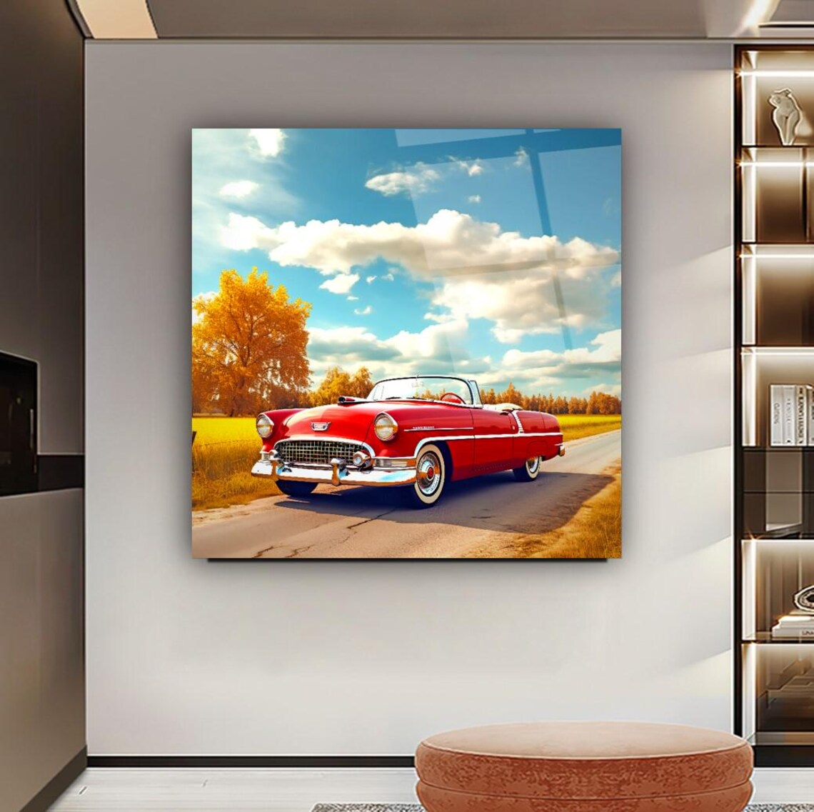 Classic Red Car Wall Art Tempered Glass Print Vintage Automobile Wall Decor Luxury Glass Wall Art For Home And Office - Image 3