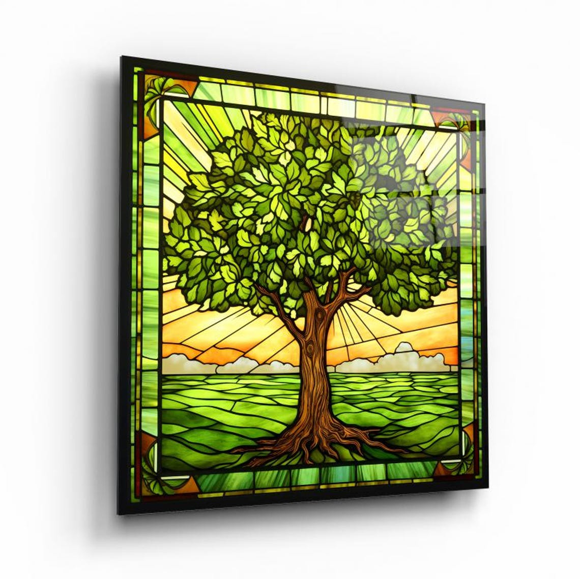 Green Stained Glass Tree Of Life At Sunrise Over Field Poster - Image 2