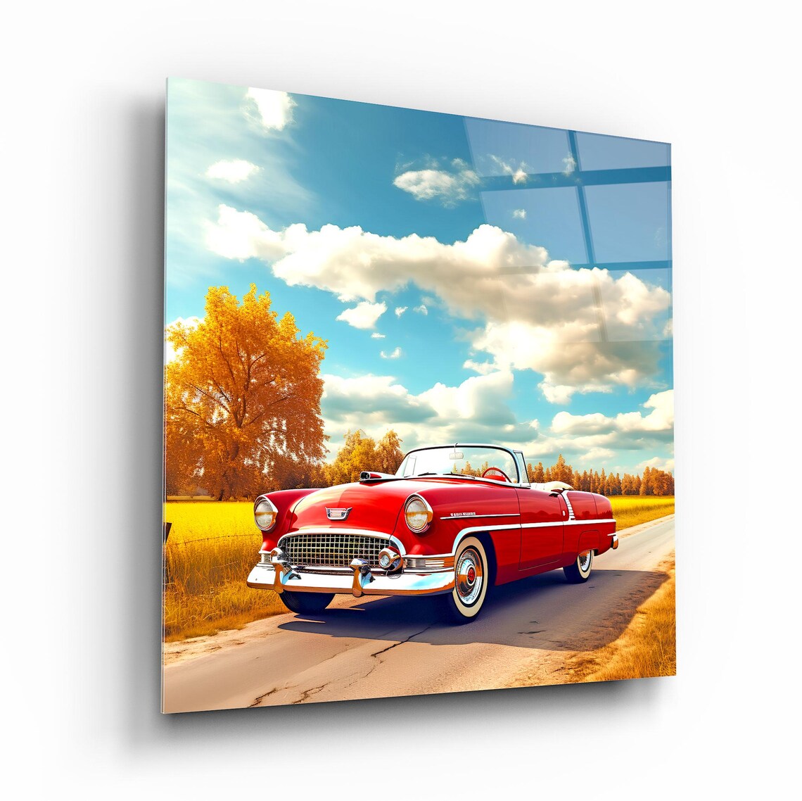 Classic Red Car Wall Art Tempered Glass Print Vintage Automobile Wall Decor Luxury Glass Wall Art For Home And Office - Image 2