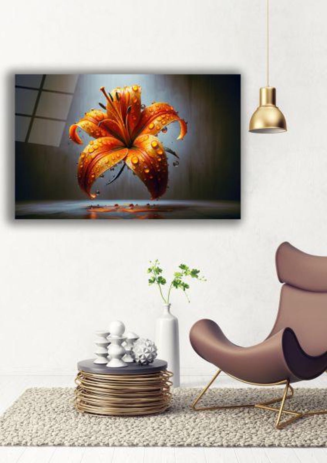 Orange Lily Flower With Morning Dewdrops Floral Tempered Glass Poster - Image 3