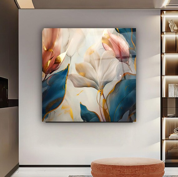 Elegant Floral Portrait Wall Art Tempered Glass Print Modern Botanical Wall Decor Luxury Glass Wall Art For Home And Office