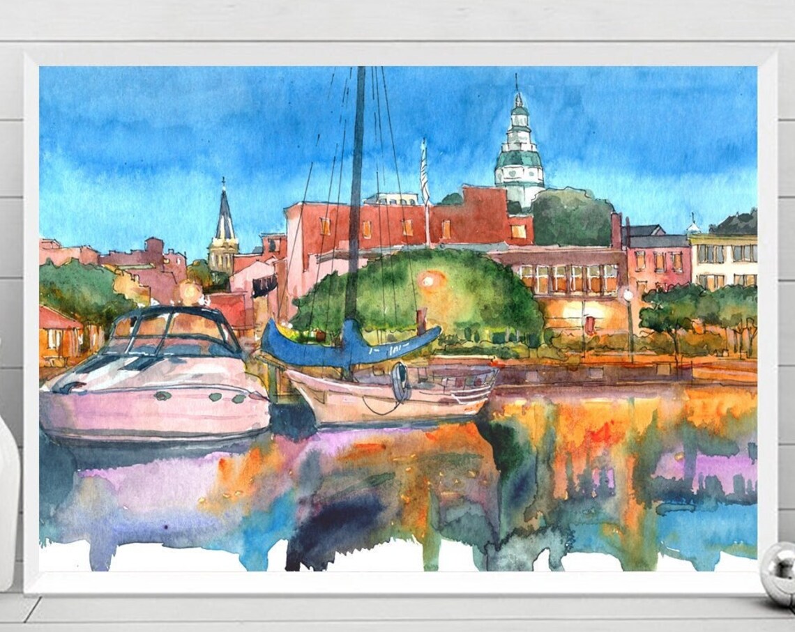 Annapolis MD Watercolor Travel Poster, City Artwork