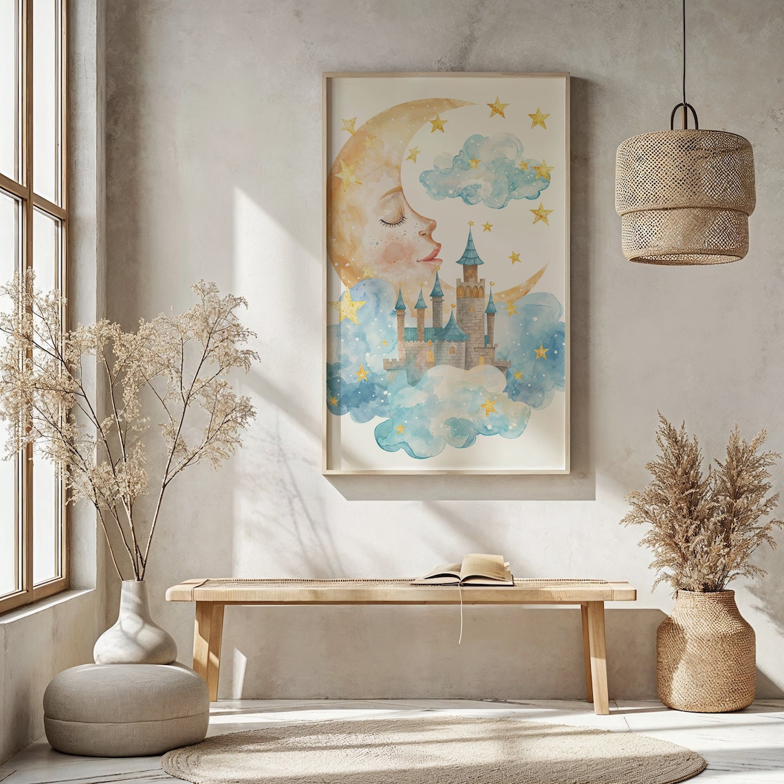 Fairytale Castle Moon Face Night Sky Watercolor Nursery Wall Poster