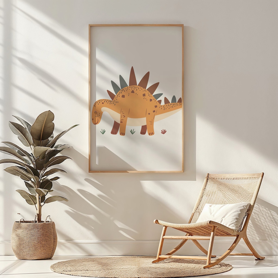 Cute Orange Stegosaurus Dinosaur Illustration Kids Room Nursery Poster