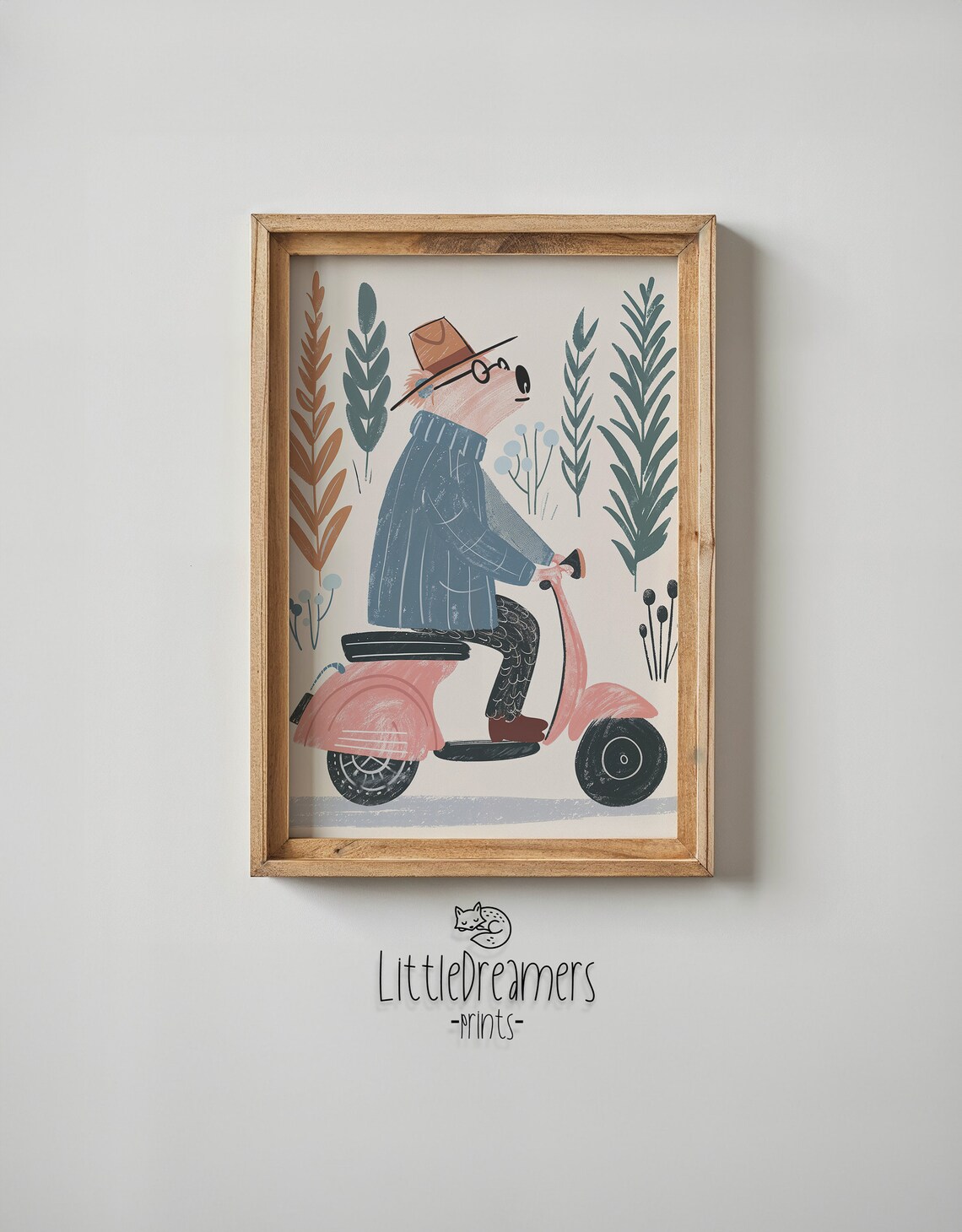 Bear Riding Pink Scooter Nursery Poster Hat Glasses Playful Kids Art - Image 5