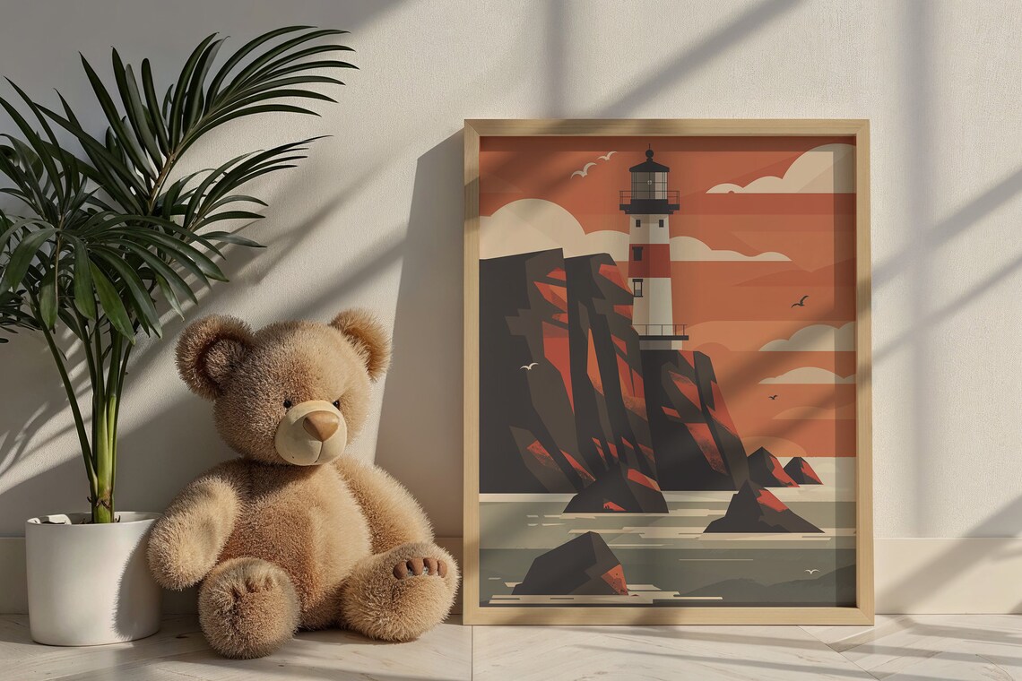 Lighthouse Red Cliffs Rocky Islets Orange Sky Seagulls Vintage Poster - Image 6