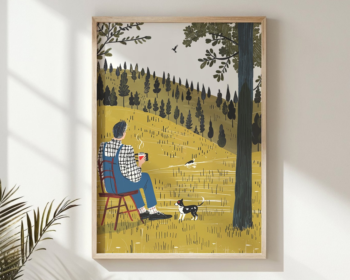 Person Dog Golden Hillside Pine Forest Coffee Calm Countryside Poster
