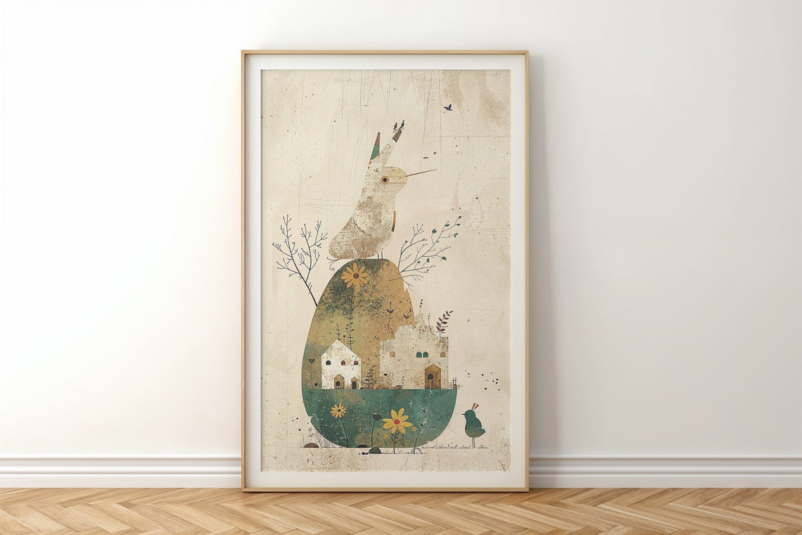 Whimsical Bird Village Inside Giant Egg Fantasy Collage Wall Art