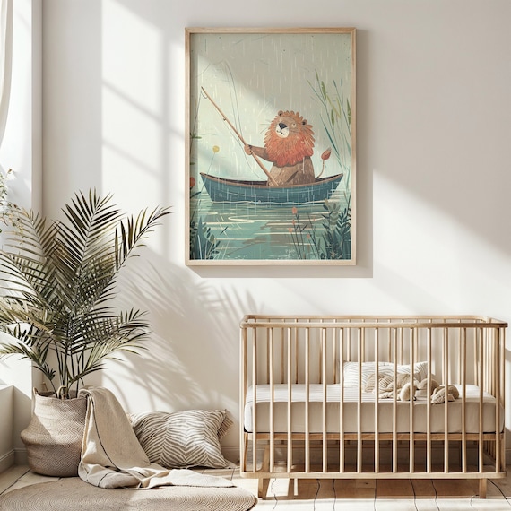 Lion Fishing From Boat Whimsical Lake Illustration Kids Wall Art Poster