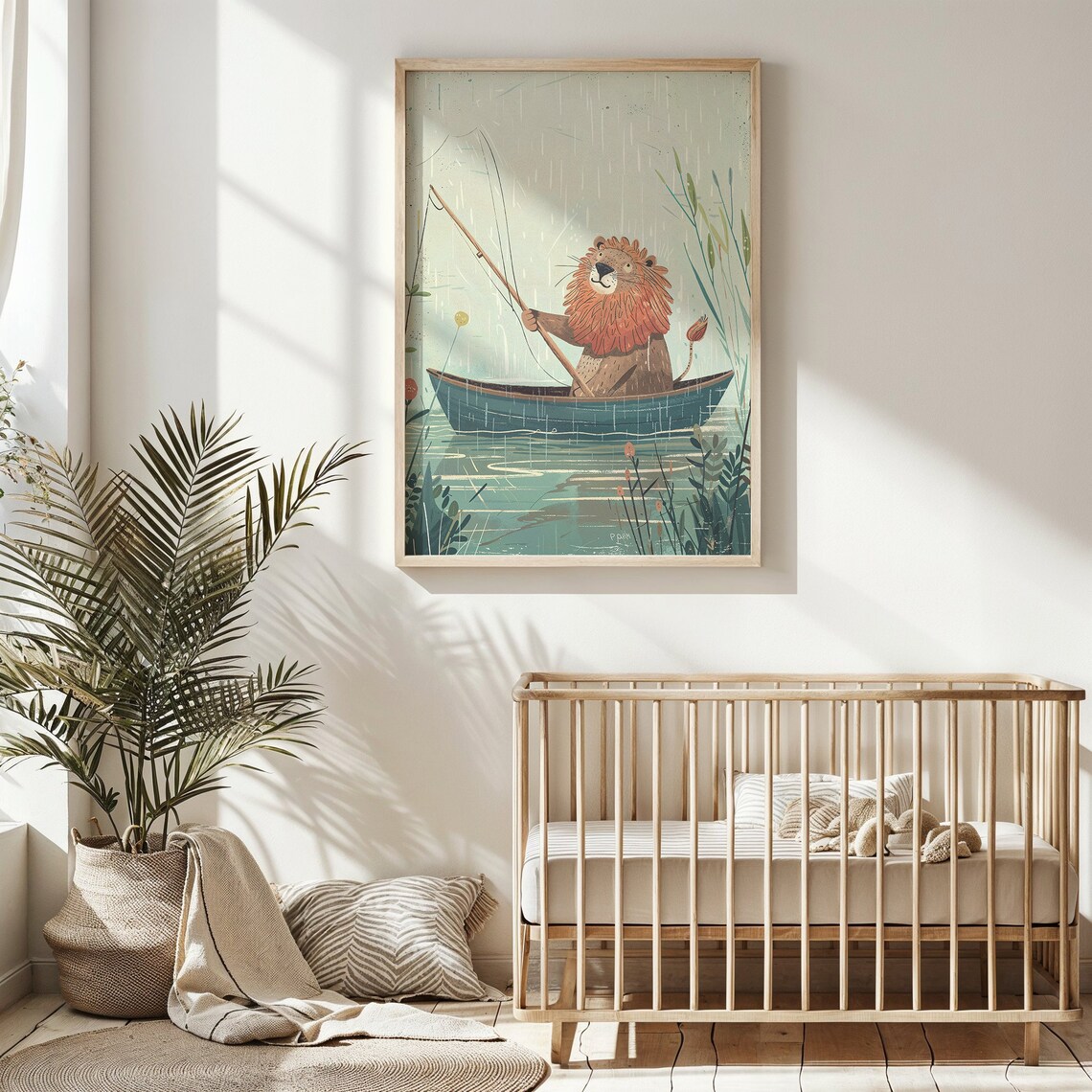 Lion Fishing From Boat Whimsical Lake Illustration Kids Wall Art Poster