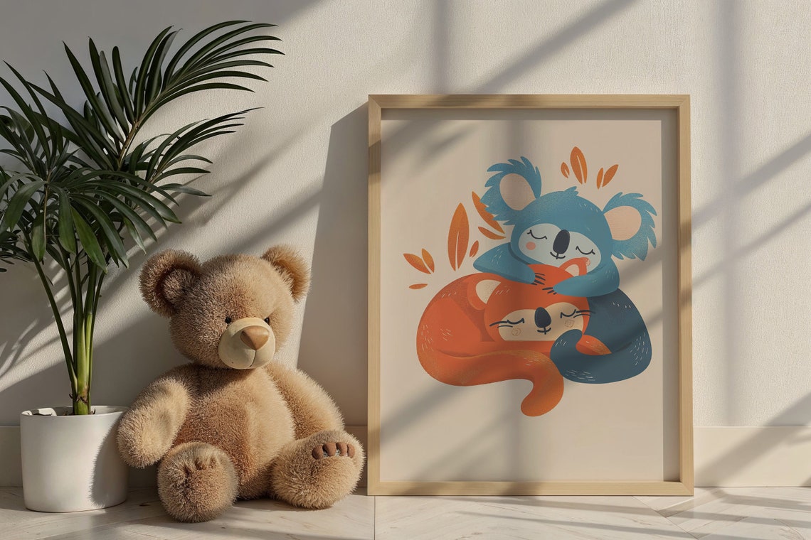 Sleeping Koala Fox Cuddle Pair Cozy Friends Illustration Kids Poster - Image 6