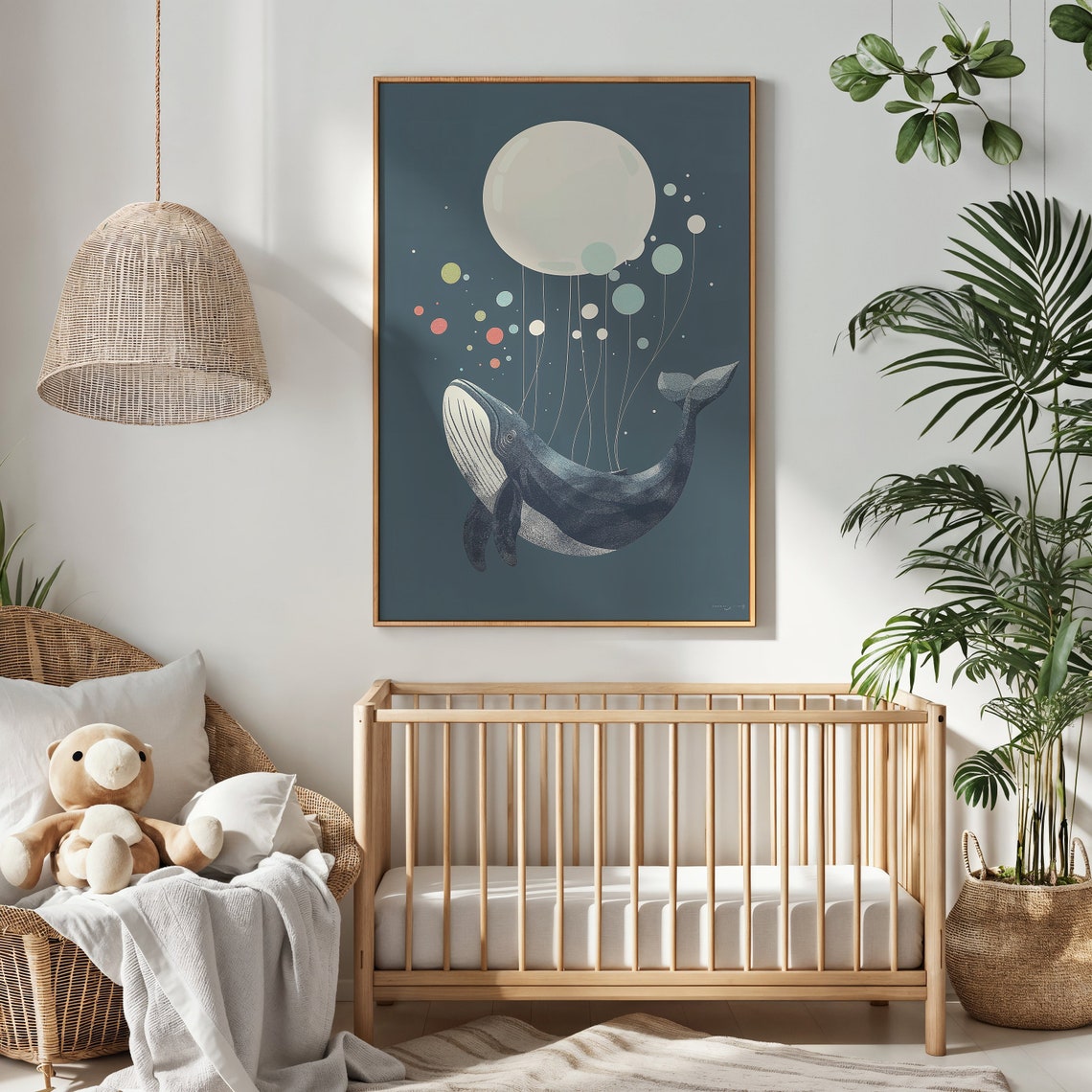 Humpback Whale Carried By Balloons Deep Teal Ocean Nursery Poster - Image 2