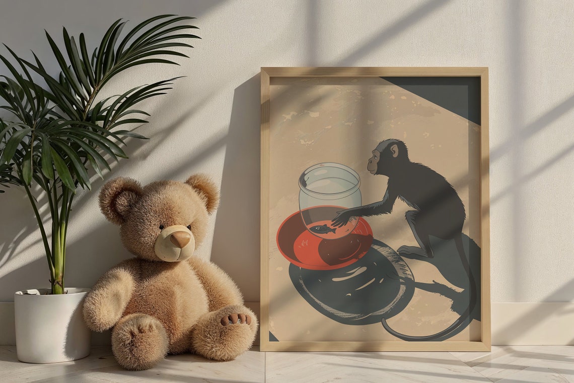 Curious Monkey Reaching Fishbowl Playful Shadow Retro Nursery Poster - Image 5
