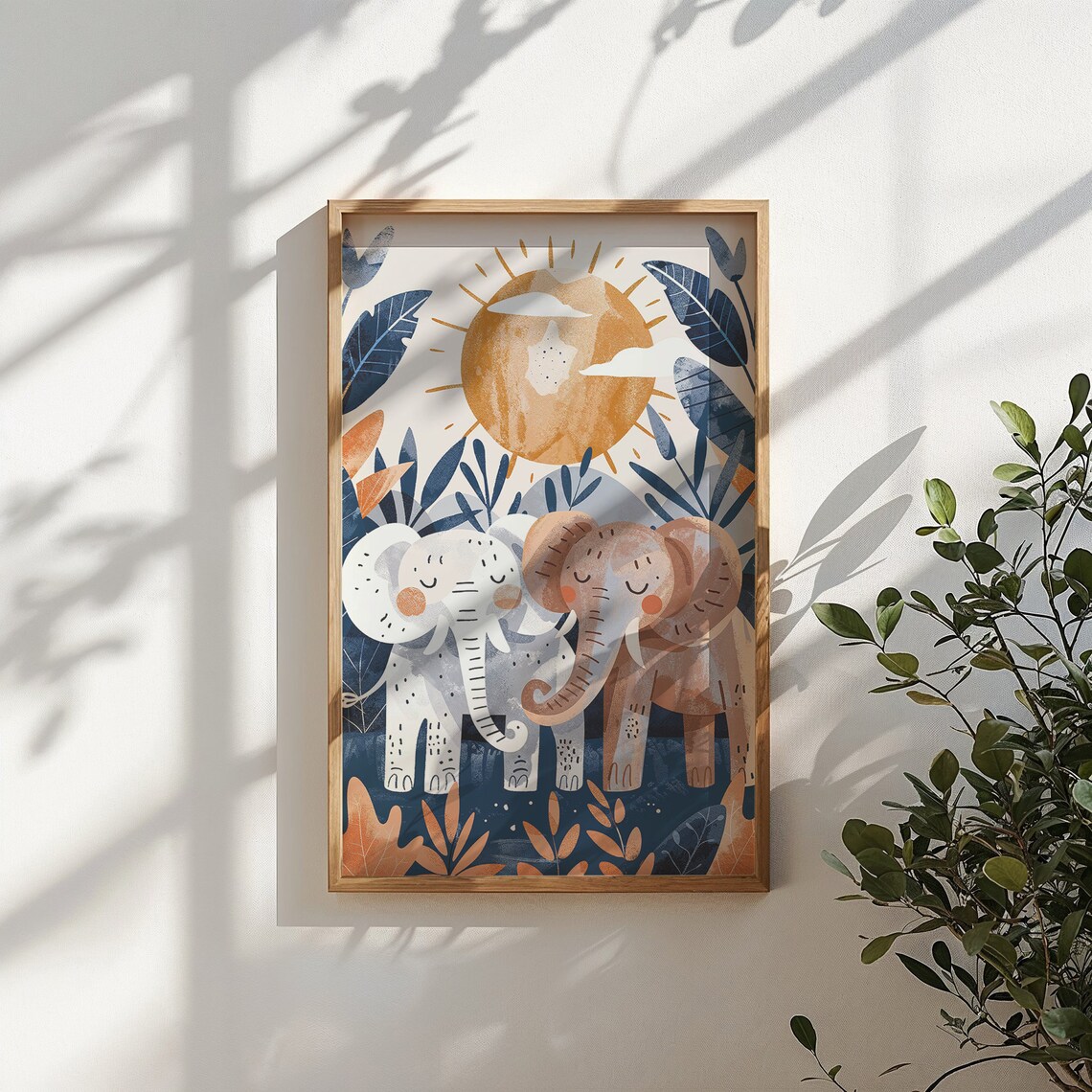 Two Elephants Sun Nursery Poster Jungle Foliage Safari Kids Room Art - Image 4