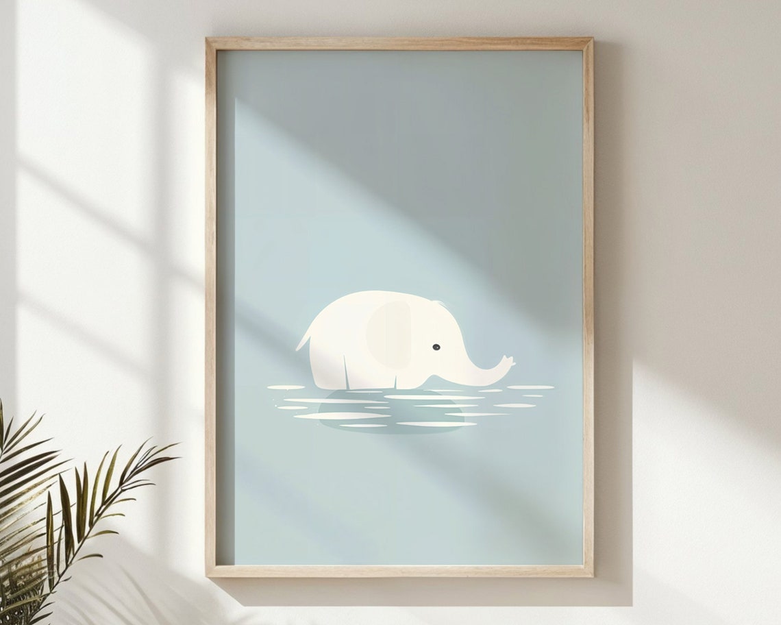 Baby Elephant Bath Time Calm Blue Water Minimalist Nursery Poster