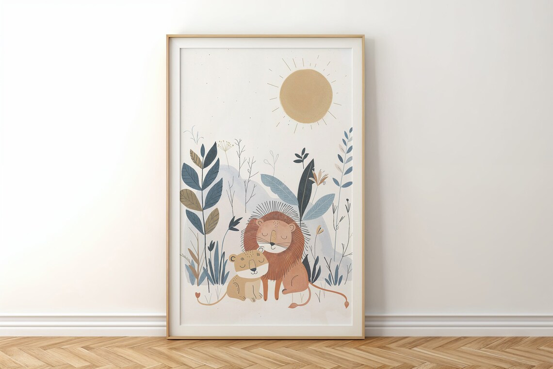 Lion Family Print Safari Nursery Wall Art Kids Room Decor Baby Lion Poster Nursery Art Sun And Flora Neutral Tones Gift - Image 3