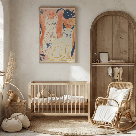 Playful Kittens Abstract Line Art Coral And Navy Modern Cat Wall Art