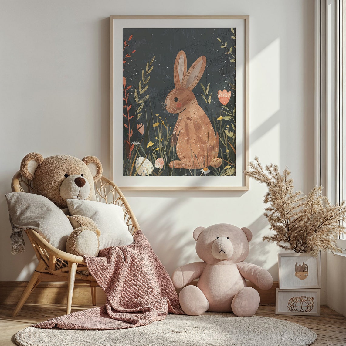 Brown Bunny Night Meadow Golden Grasses Speckled Eggs Folk Poster - Image 3