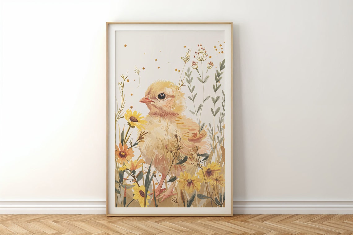 Fluffy Baby Chick With Yellow Wildflowers Spring Watercolor Art Print - Image 6