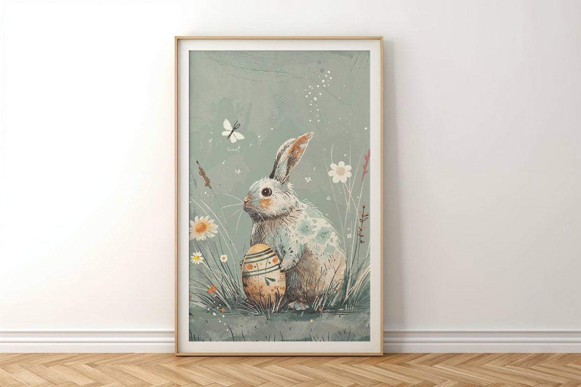 Gray Bunny Holding Painted Easter Egg With Daisies Vintage Art Print - Image 6