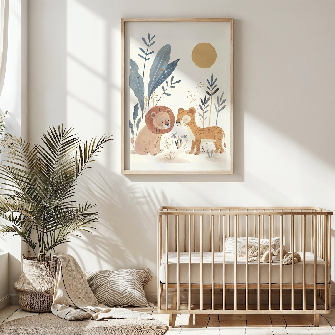Sitting Lion Cheetah Nursery Poster Round Sun Safari Kids Room Art