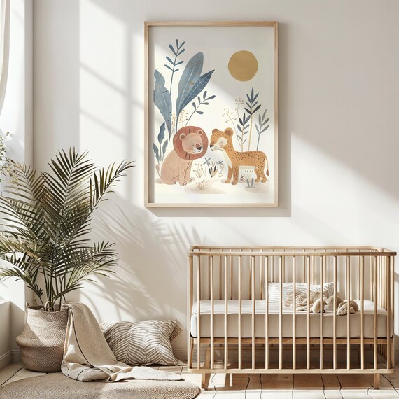 Sitting Lion Cheetah Nursery Poster Round Sun Safari Kids Room Art