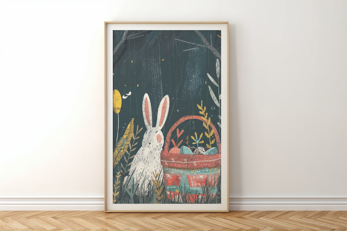 White Bunny Red Easter Basket Dark Forest Golden Leaves Poster - Image 6