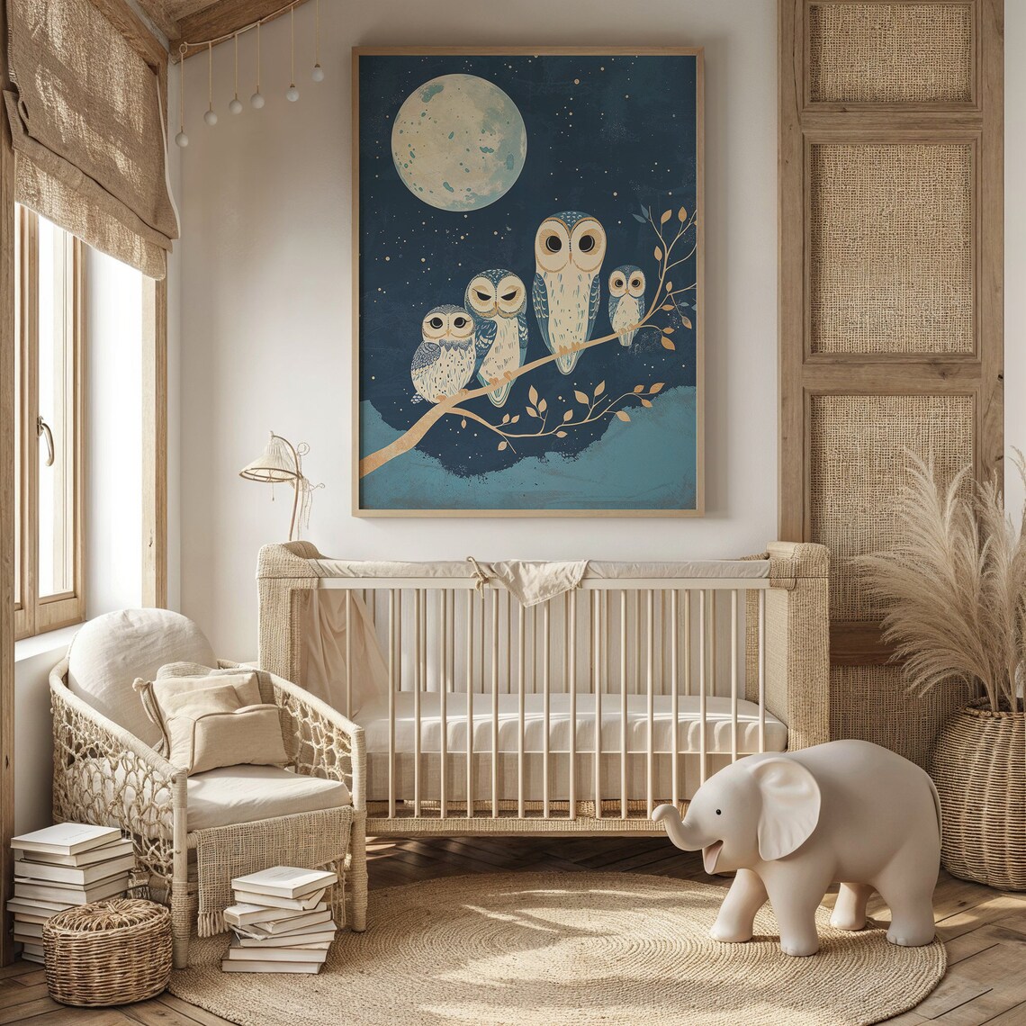 Whimsical Owl Family Moonlight Nursery Art Print - Image 3