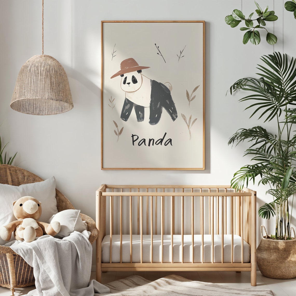 Panda Wearing Brown Hat Neutral Botanical Nursery Kids Room Art Poster - Image 2