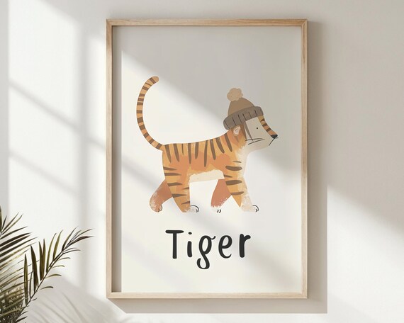 Tiger Wearing Pom Beanie Hat White Kids Nursery Bedroom Art Poster