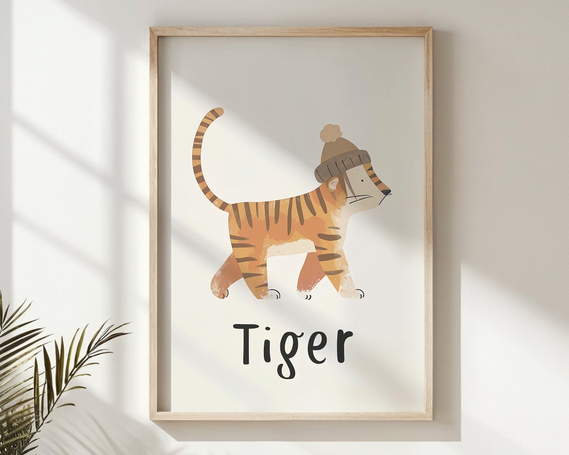 Tiger Wearing Pom Beanie Hat White Kids Nursery Bedroom Art Poster